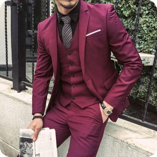 Custom High Street Burgundy Groom Suit Wedding 2018 Men Suits Groomsmen Blazer Masculino Slim Fit Man Costumes Homme 3Pieces