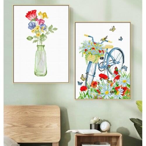 DIY handmade cross stitch gift kit Romantic holiday vase bouquet bicycle and butterfly fresh flower pattern decoration