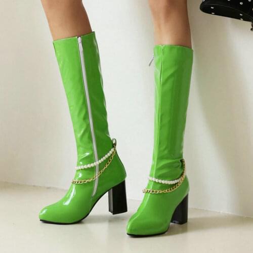 2021 New Candy Colors Womens Boots Patent Leather Zipper Knee High Boots Women String Bead Thick High Heel Autumn Winter Boots
