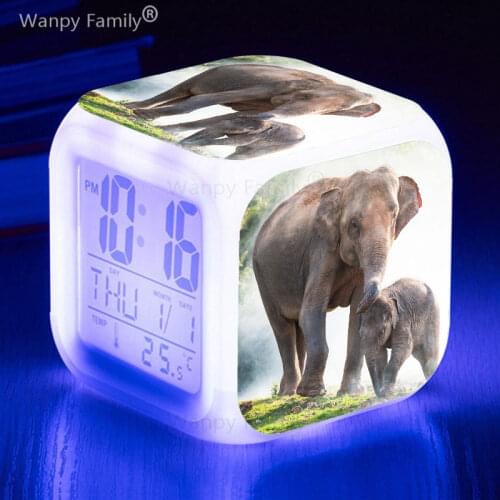 African Elephant Alarm Clock 7 Color Glowing LED Touch Sensing Alarm Clock Kids Room Multifunctio Digital Flash Clock