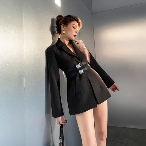 2020 Fall New Recommended Ins Blogger Style Handsome School Bag Buckle Belt Black Collect Waist Tight Long Blazers Women Fashion
