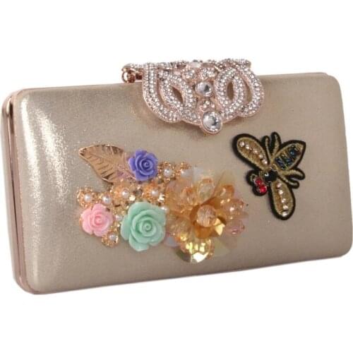 Women new satin flower dinner bag ladies pearl petal clutch purse female crown bee diamond leather handbags wedding handbag
