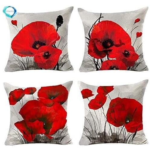 Charming Retro Watercolor Oil Painting Red Poppy Cotton Linen Throw Pillow Case Cushion Cover New Home Office Indoor Decorative
