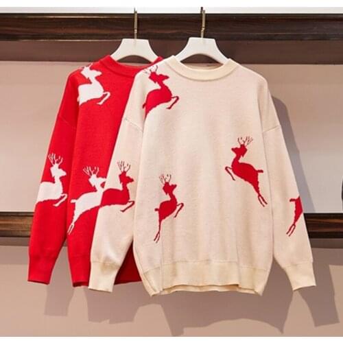 Autumn Winter Oversized Knitted O-neck Sweater Women Long Sleeve Top Plus Size Christmas Moose Puff Femme 2021 Korean Fashion