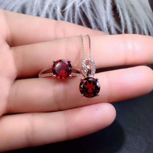 Natural Garnet Round Ring Pendant Necklace Set S925 Fine Fashion Luxury Jewelry Suitable for Wedding and Party Women【FS Jewelry