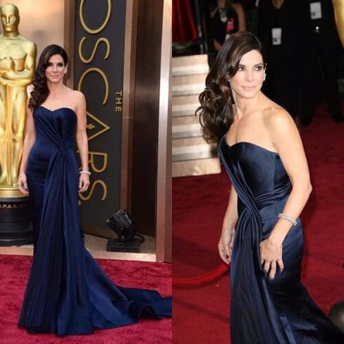 Strapless Mermaid Evening Dress Sandra Bullock Satin Navy Blue Red Carpet Celebrity Dress 2021 Robe De Soiree Formal Prom Gowns