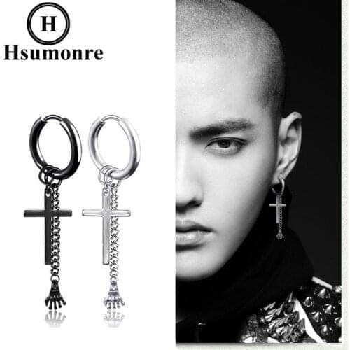 Cross Punk Hoop Earrings Ghost Hand Stainless Steel Huggie Dangle Earrings Unisex Piercing Jewelry Silver Color Balck 1 Pair
