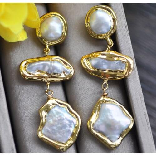 Z10770 2Row 22mm White Coin Biwa Gold-plating Pearl Dangle Earring