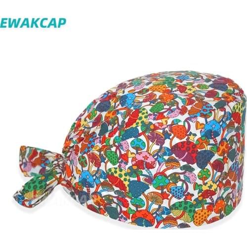Mushroom pattern cotton hats for doctor adjustable elastic band cotton work cap scrub hat surgical caps