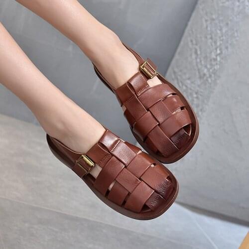Retro British Style Genuine Leather Womens Shoes Flat-heeled Soft-soled Loafers Hand-woven Belt Buckle Hollow Sandals Women