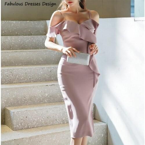 Bohemia Pink Tea Length Prom Dresses Mermaid With Slit Spaghetti Strap Off Shoulder 2021 Asia Evening Dress Party For Women