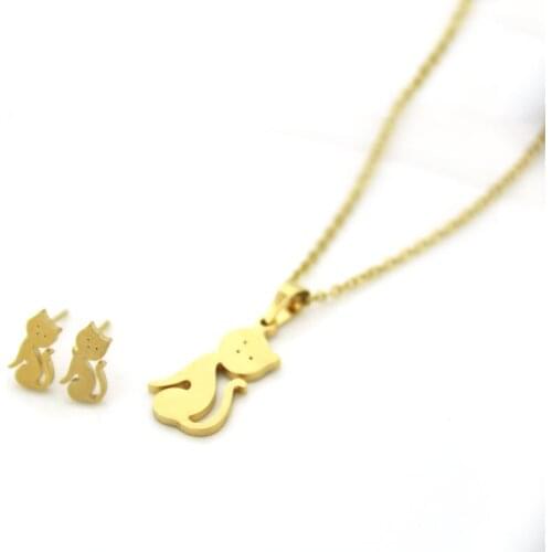 1 Set Gold Color Stainless Steel Jewelry Set Kitten Cat Charms Animal Necklace Earrings Jewellry Set Women Girls Gifts