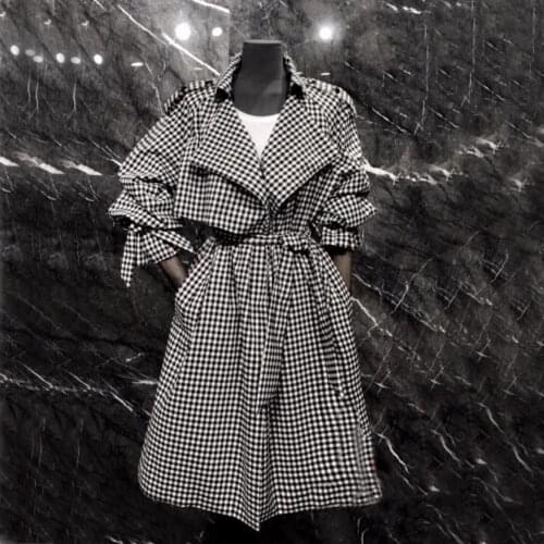 Top grade thousand bird style new autumn 2021 Korean womens bandage Plaid windbreaker mid length jacket fashion