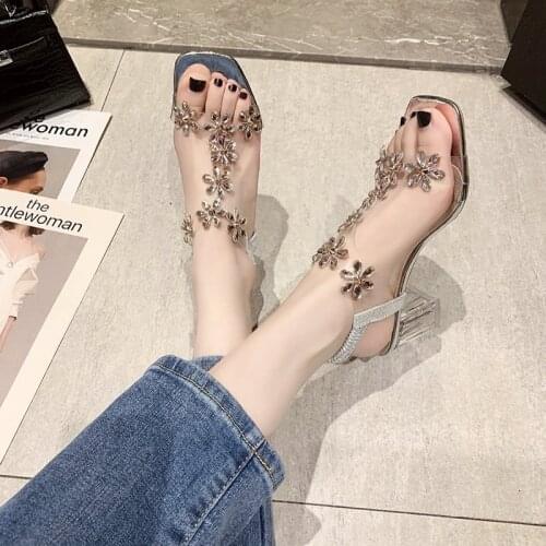 Rhinestone Sandals Female Crystal Mid-heel Thick Heel 2021 New Summer Fairy Net Red Transparent Female High-heeled Shoes