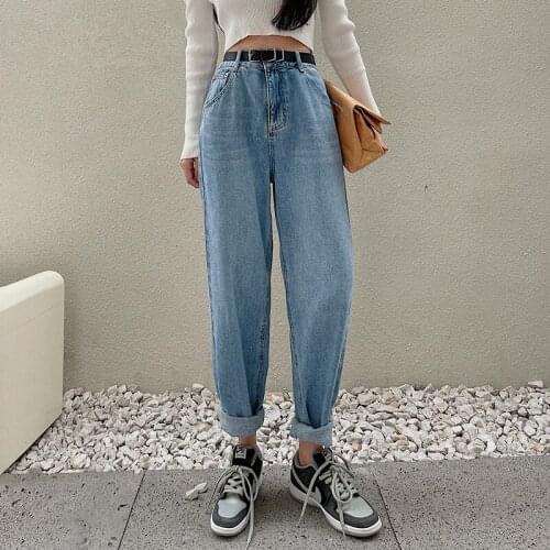New 2021 Autumn Winter Vintage Jeans with Belted High Waist Womens Harem Pants Blue Streetwear Straight Female Denim Jeans