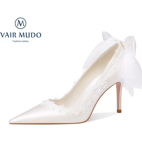 VAIR MUDO 2021 High Heels Womens Pumps Shoes Silk Eleagnt Wedding Part Sexy Shoes Pointed Toe White Fashion Shoe Women 009-8