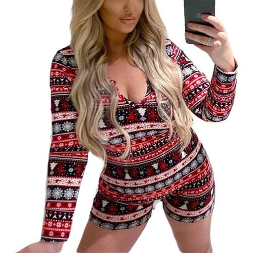 Christmas Print Long-sleeved V-neck Jumpsuit For Women 2021 Casual Short Rompers Ladies Autumn Winter Fitness Overalls Outfits