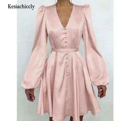 Kesiachiccly Bodycon V-neck Sexy Party Dresses Elegant Lantern Sleeve Button Summer Dress 2021 High waist Office Lady Vestidos