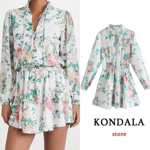 Women Stylish Floral Print Chiffon V Neck Mini Dress Za 2021 Ruffles A-Line Button Shirt Dress Long Sleeve Vintage Vestidos
