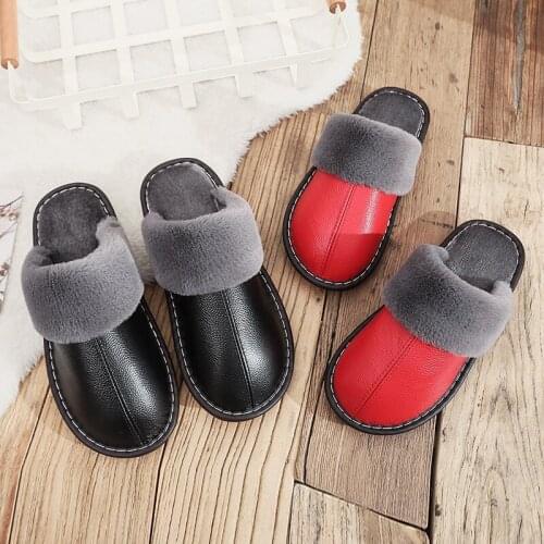 Winter New Indoor Cotton Slippers Male Non-slip Warm Home Leather Slippers Couple Models Cowhide Cotton Slippers Women
