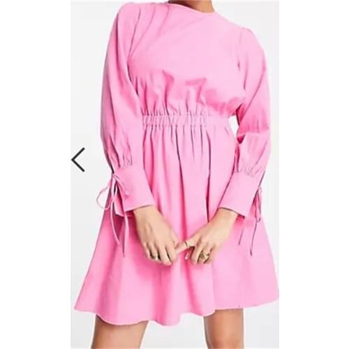 ZXQJ Women 2021 Chic Fashion Bow decorated Midi Dress Vintage Long Sleeve Tie Backless Female Dresses Mujer