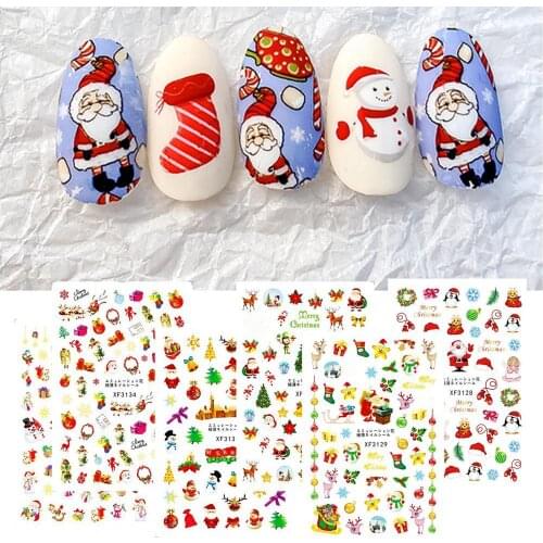 12Pcs/Set 3D Effects Christmas Patterns Nail Sticker Colorful Santa Claus Elk Snowman Gift Water Transfer Xmas Nail Decals