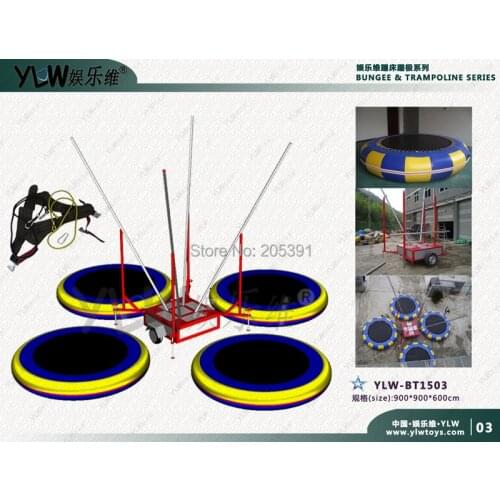 4 station mobile bungee trampoline,motor operated trampoline with trailer,4 in 1 jumping trampoline for amusement park