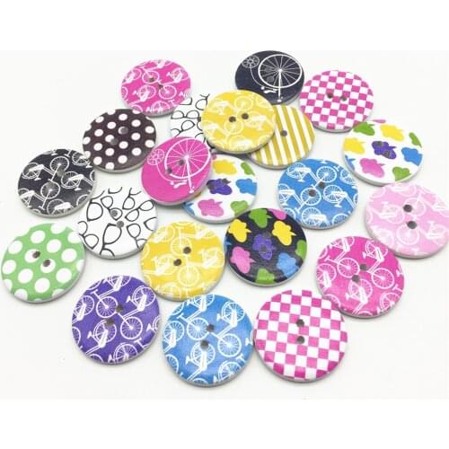 40pcs 30mm 3CM Large Wooden Bikes Buttons Mixed 2 Holes Round Painted Sports Patterns Sewing Button Embellishments DIY Crafts