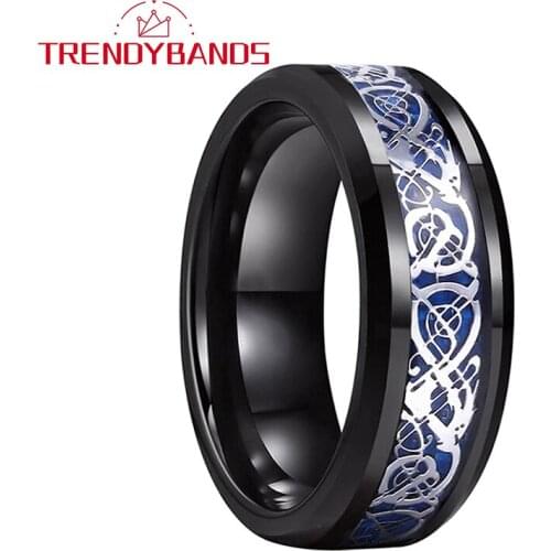 8MM Black Dragon Blue Carbon Fiber Inlay Tungsten Wedding Rings For Men Women Polished Comfort Fit