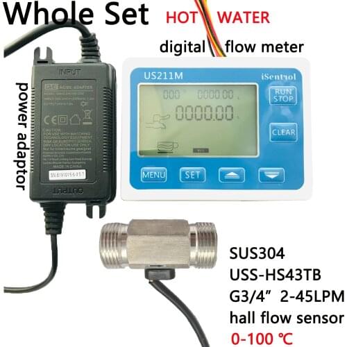 HOT Water US211M Digital Flow Meter Totalizer with SUS304 Flow Sensor USS-HS43TB G3/4" Hall Flow Sensor 2-45LPM iSentrol