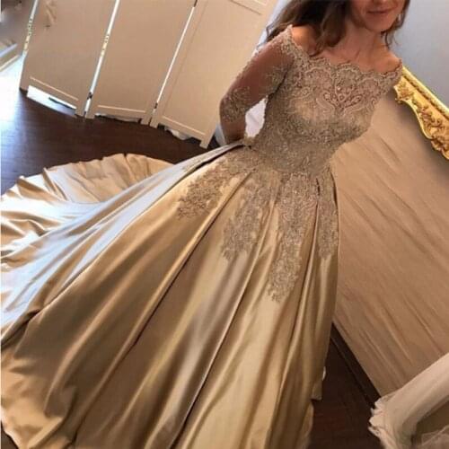 Cheap Custom Made Long Champagne Long Sleeves Illusion Lace Top Satin Quinceanera Dress Ball Gown Evening Dresses