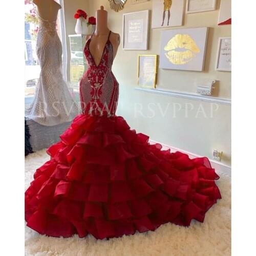 Red Mermaid Prom Dress 2021 African Black Girl New Arrival Real Picture Sexy Deep V-neck Sequin Top Tiered Long Prom Dresses