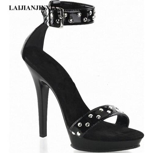 LAIJIANJINXIA New Sexy Womens Sandals 13 CM High Heeled Shoes Black Women Shoes Fashion Buckle Strap Party Shoes