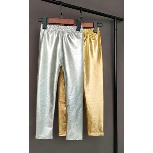 Gold Silver Kids Pants Girls Spring Autumn Children Elastic Faux Leather Leggings Skinny Pencil Pants Girl Leggings