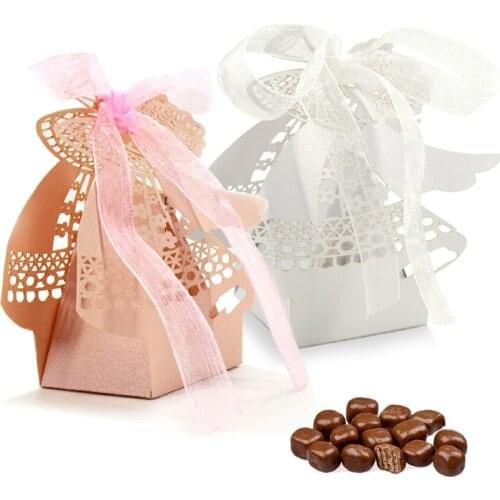 20Pcs Fashion Hollow Angel Candy Box for Wedding Party Supplies Baby Shower Birthday White Pink Gift Box Packaging with Ribbon