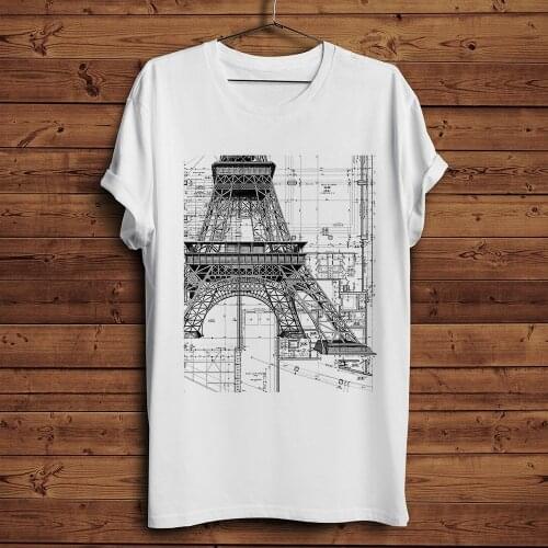 Eiffel Tower and Church Engineering drawing design Manuscript funny geek t shirt men summer white casual Engineer t-shirt homme