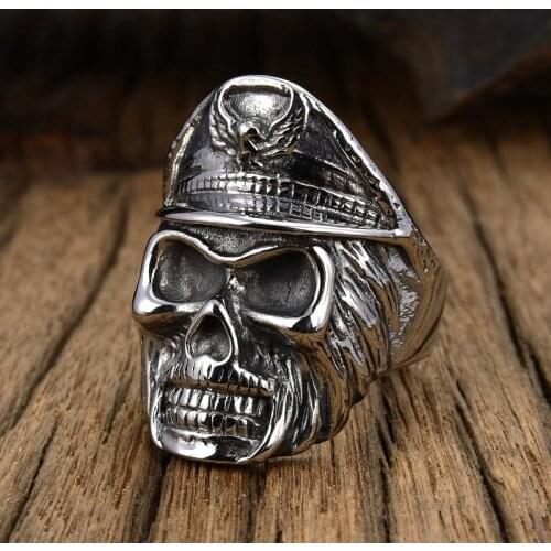 Vintage Bearded Captain Skull Ring for Men Heavy Stainless Steel Biker Jewelry Male Punk Rings Gift for Him
