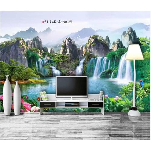 WDBH Custom photo mural 3d wallpaper Chinese mountain lake waterfall flowers landscape 3d wall murals wallpaper for living room