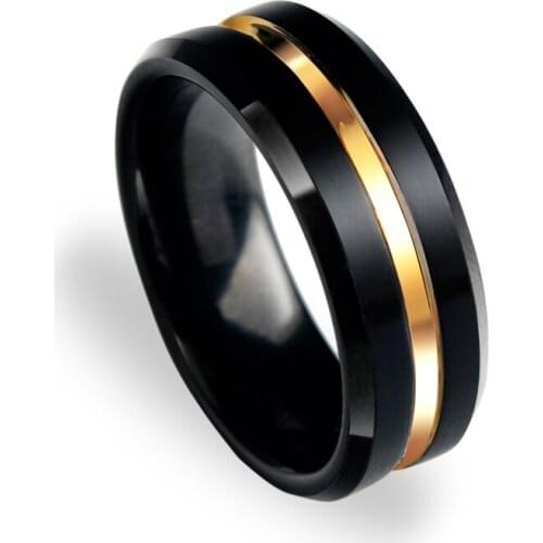 New Arrival 8mm Width Black Tungsten Rings Mens Wedding Rings Band Grooved Surface with Gold Plating Beveled Finished Size 7-13