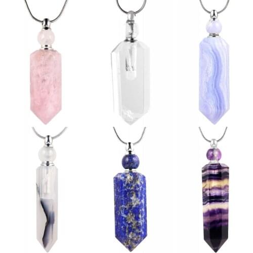 TUMBEELLUWA Natural Crystal Hexagon Prism Perfume Bottle Pendant Necklace,Essential oils Necklace,Charming Sweater Chain Jewelry