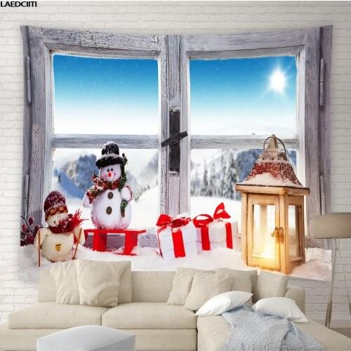 Merry Christmas Tapestry Winter Snow Window View Santa Claus Elk Background Wall Hanging Cloth Dorm Child Bedroom Home Decor