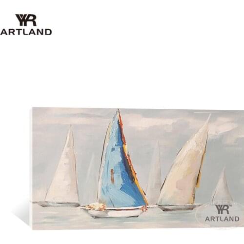 Modern home decoration pure Handmade abstract canvas oil painting sailboat on the sea landscape wall art poster picture for room
