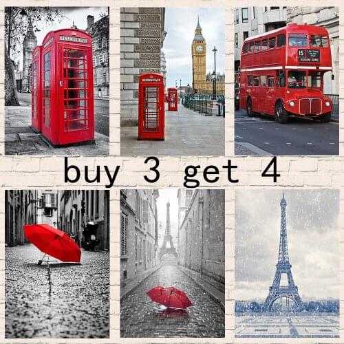Modern London City Eiffel Tower with Red umbrella on Paris Street travel Posters and Home decor Painting for Room buy 3 get 4
