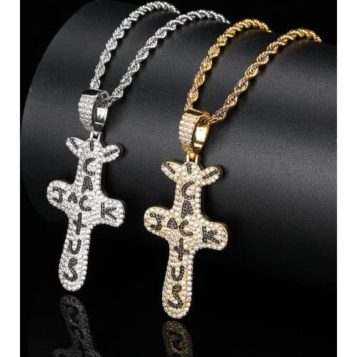 Hip Hop Bling Iced Out Cubic Zircon Cactus Cross Pendants & Necklaces Copper Necklace For Men Jewelry With Chain