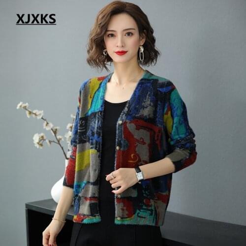 XJXKS Print V-Neck Cardigan Single-breasted Streetwear Women Sweater Warm Knitted Long Sleeve Top Fuzzy Sweater Coat