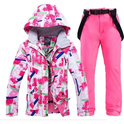 Colorful Women Snow Suit Wear Waterproof Windproof Winter Outdoor Costume Snowboarding Clothing Outfit Ski Jackets + Strap Pants