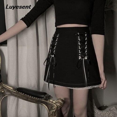 Black Mini Y2k Girl Skirt Women Gothic Lace-up Ribbon Korean Fashion Midi Skirts Summer Punk Lace Cool Harajuku A-line Clothes