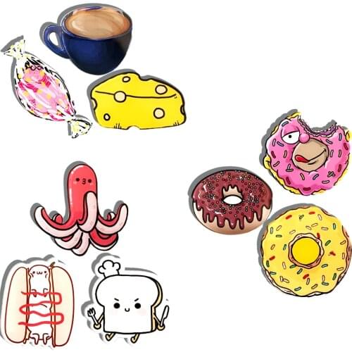 Donut Coffee Cheese Cake Sausage Toast Acrylic Brooch Custom Hat Scarf Lapel Pins For Women Jewelry Badges Gift