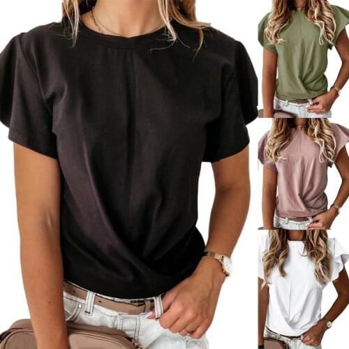 T Shirt Women Casual Summer Solid Color O Neck Ruffled Sleeve Cross Hem T-shirt Blouse Fashion Top 2020 Summer