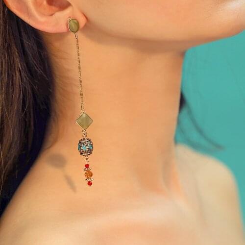 JOUVAL Boho Style Long Drop Earrings For Women Resin Alloy Handmade Bohemian Vintage Statement Earring Summer Beach Ear Jewelry